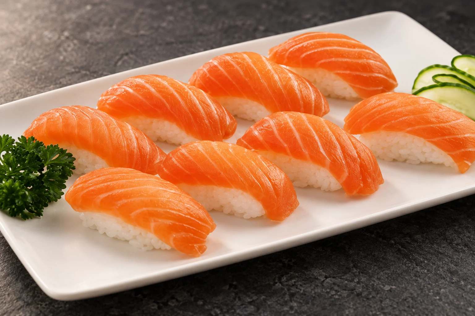 Menu Sushi Saumon sur une assiette blanche.
